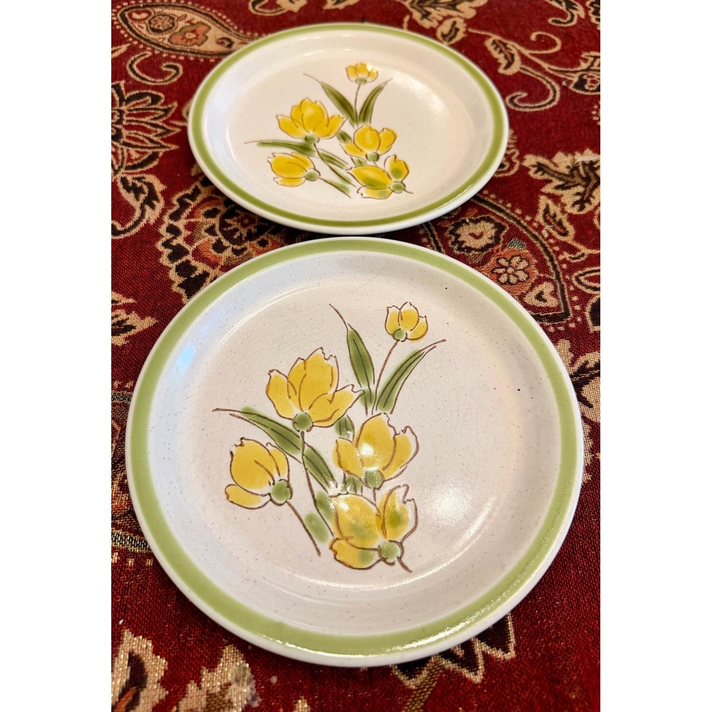 70s Stonybrook Stoneware Yellow Floral Plates Set-of-2
